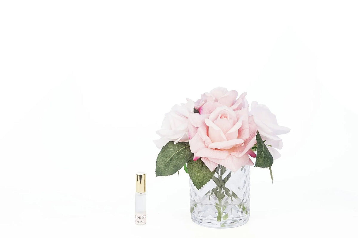 Cote Noire herringbone glass flower diffuser with mixed pink roses, close up