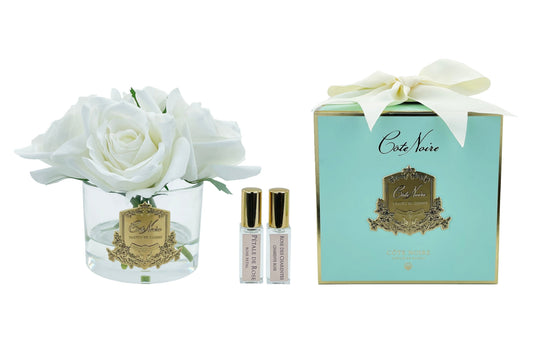 Cote Noire perfumed natural touch five roses in clear glass with gold badge, ivory white, jade gift box