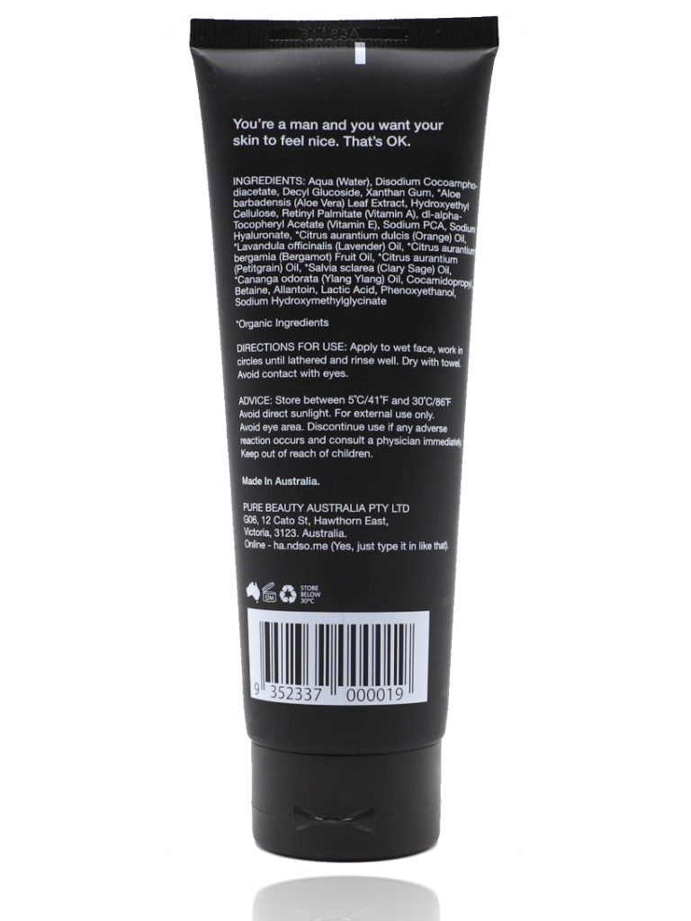 Handsome Men's Skincare facial wash bottle, back of pack