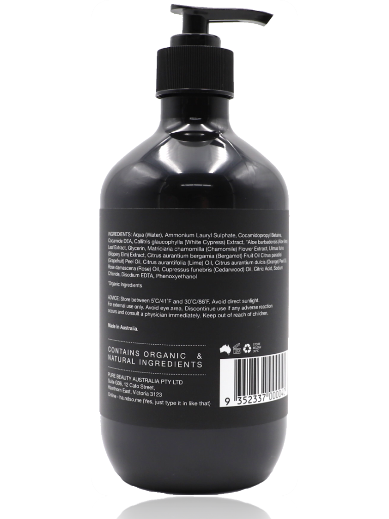 Handsome Men's Skincare body wash bottle, back of pack