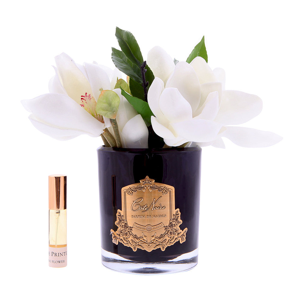 Cote Noire natural touch pink magnolia arrangement in black glass