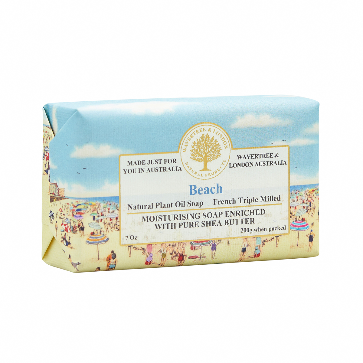 Wavertree and London Beach soap bar, unwrapped view