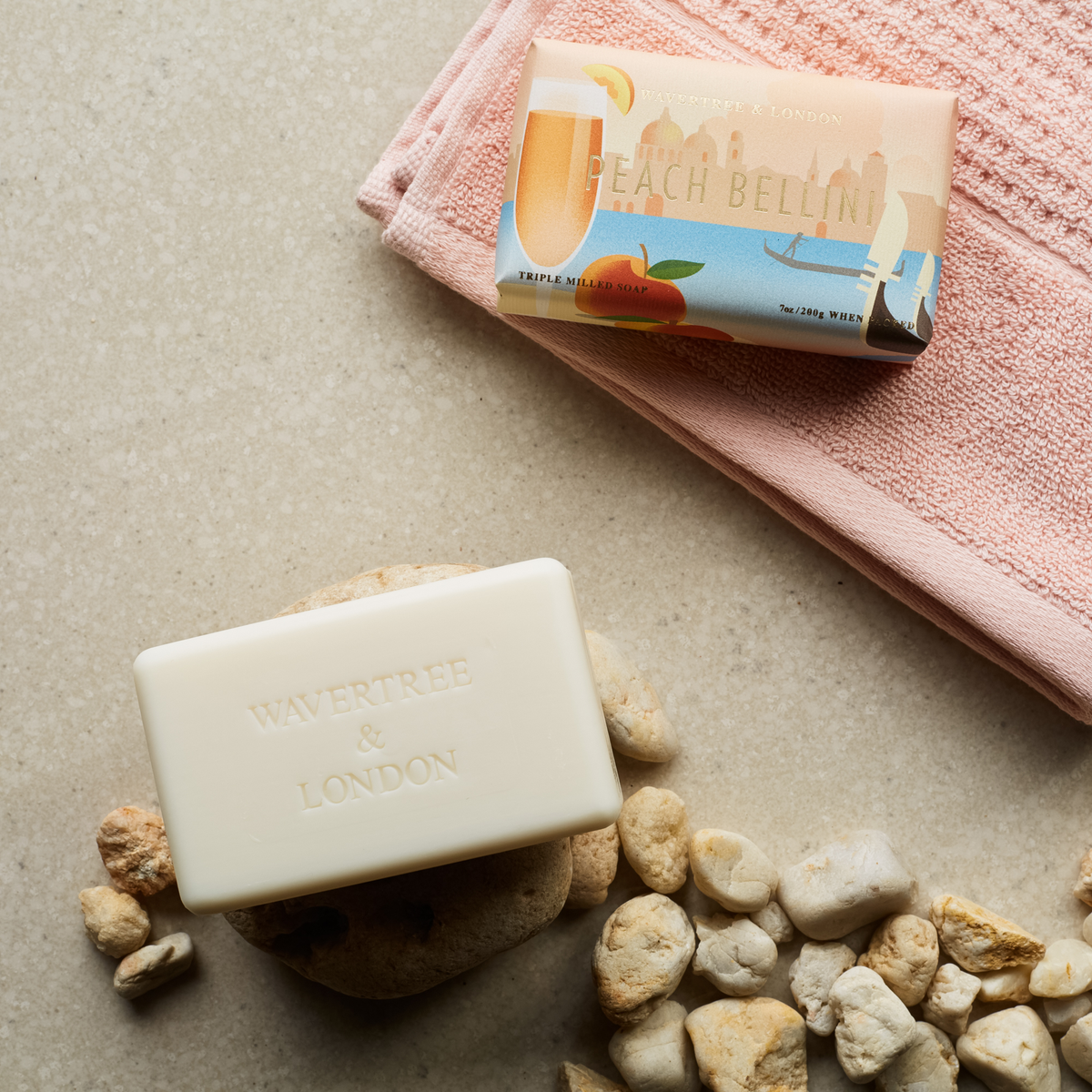 Wavertree and London Peach Bellini soap bar, packaging detail
